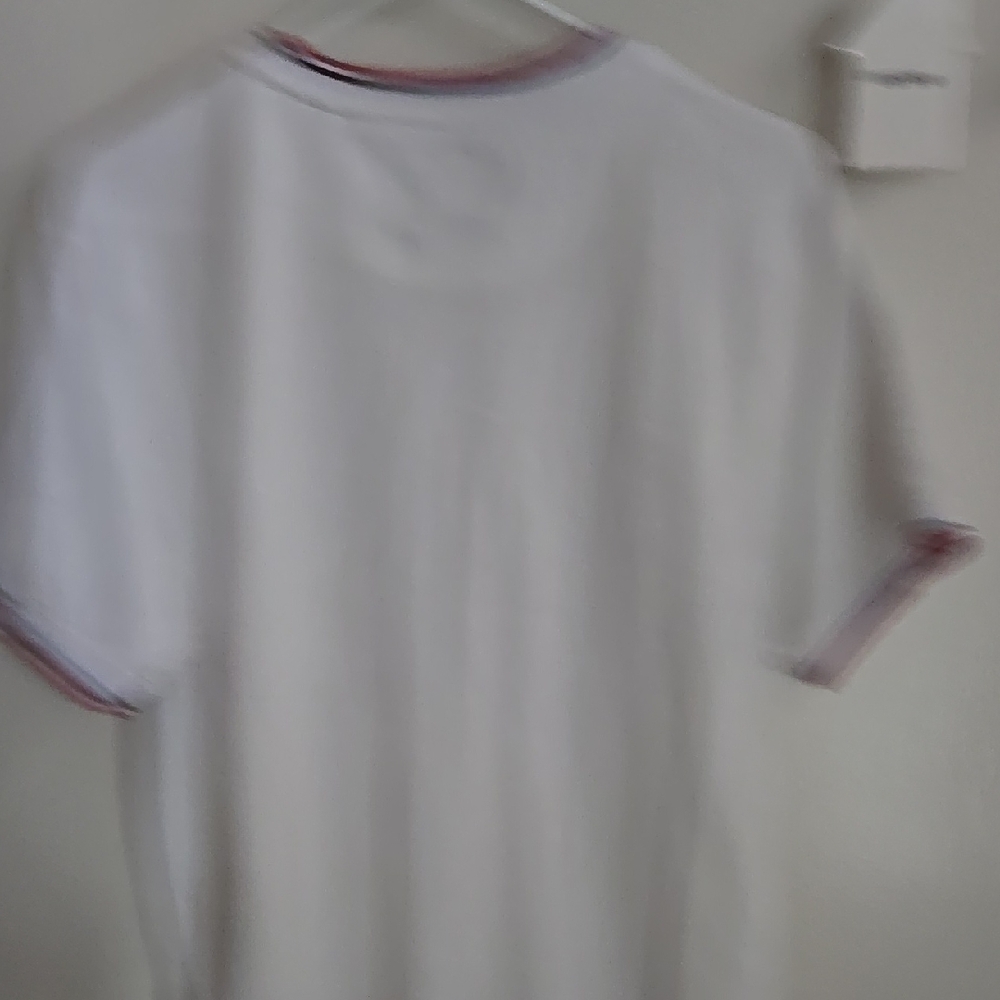 Men's White Short Sleeve Shirt With Red And Blue Stiped Cuffs - Picture 7 of 7